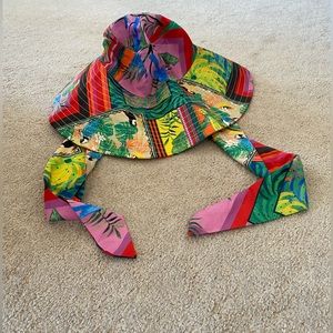 🌈Farm Rio Colorful Rainbow Tropical Maximalist Wide Brim Tie Up Summer Hat🌈